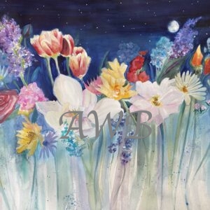 Various flowers of different types and colors hang against a starry night sky.