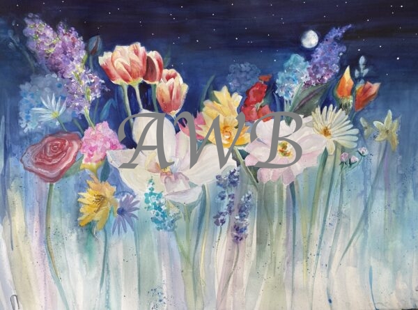 Various flowers of different types and colors hang against a starry night sky.